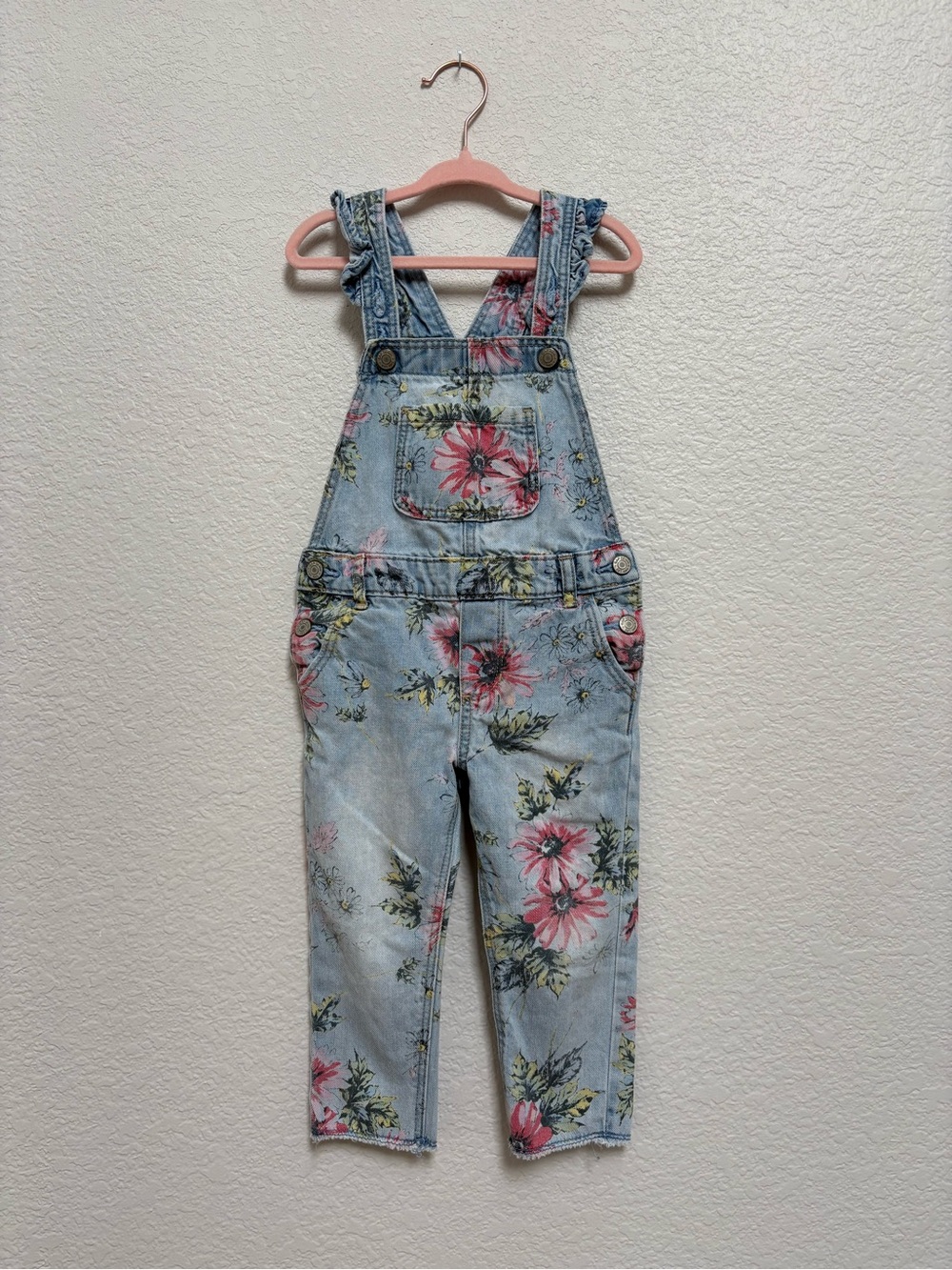 GAP Toddler Girls Floral Print Light Blue Denim Overalls 100% Cotton 3T